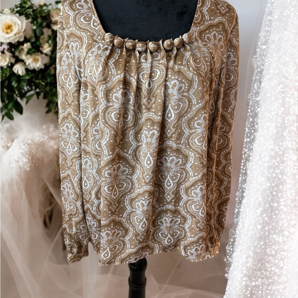 Michael‎ Kors Tan and Cream Smocked Long Sleeve Blouse